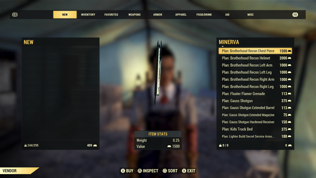 Screenshot showing part of Minerva's inventory.